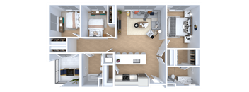 A series of images showing different layouts of a small apartment.
