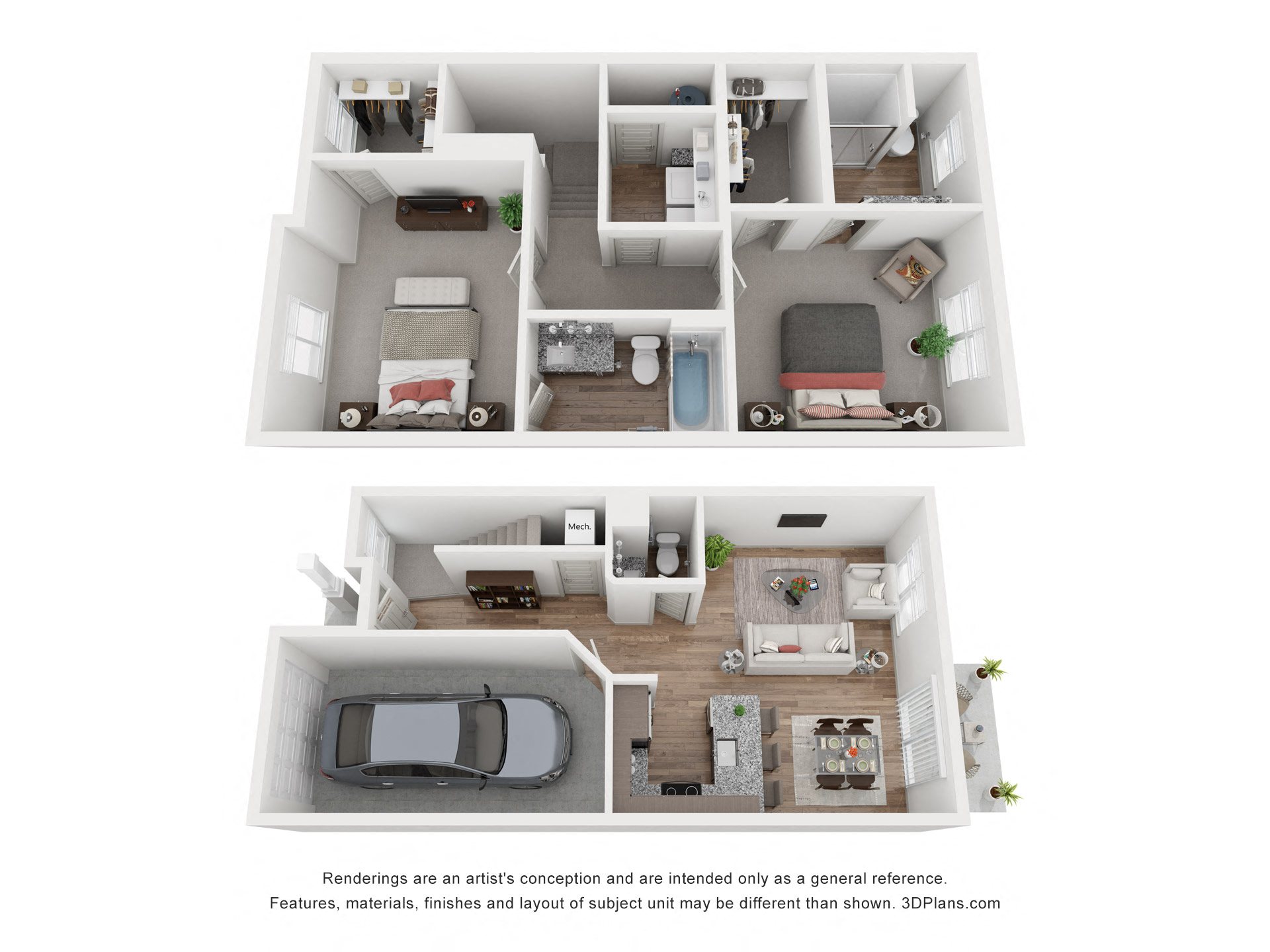 a stylized floor plan of a 2 bedroom apartment