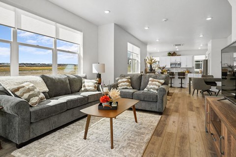 A modern living room with a grey couch and a coffee table.