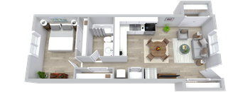 A 3D floor plan of a house with a kitchen, living room, dining room, and bathroom.