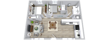 A 3D floor plan of a small apartment with a kitchen, living room, and bathroom.