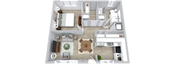 A 3D floor plan of a modern apartment with a kitchen, living room, and bathroom.