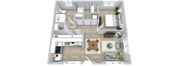 A 3D floor plan of a small apartment with a living room, kitchen, and bathroom.