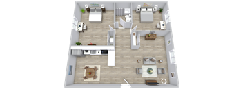A 3D floor plan of a house with a kitchen, living room, dining room, and two bedrooms.