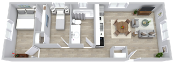 A 3D rendered image of a modern apartment layout.