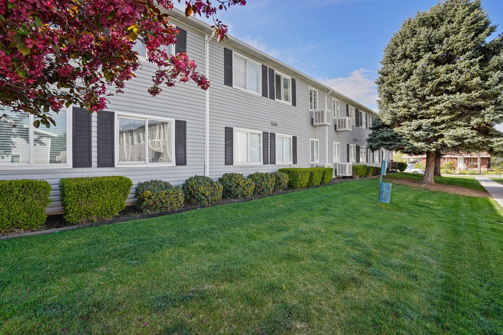A row of houses with green lawns and trees.
