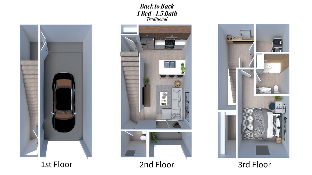 three dimensional floor plans of a 1 bedroom apartment