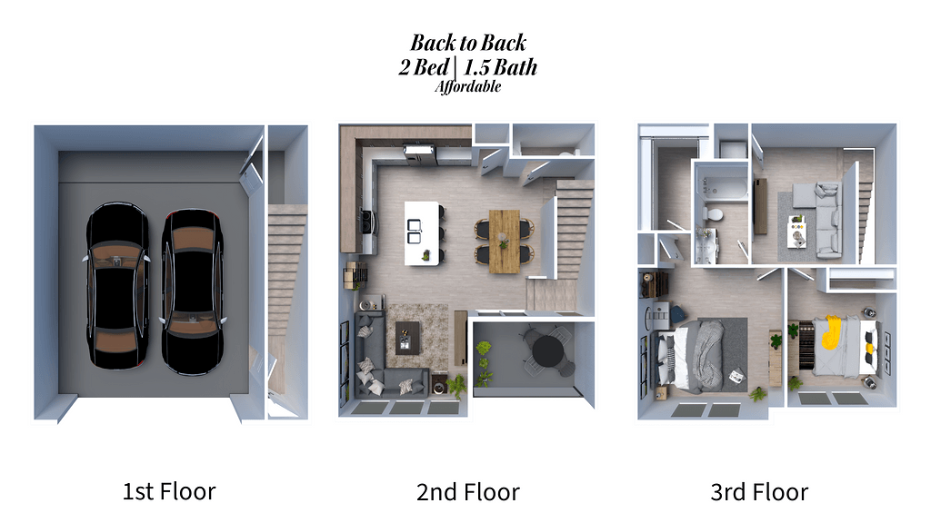 A diagram of a three-story apartment layout.
