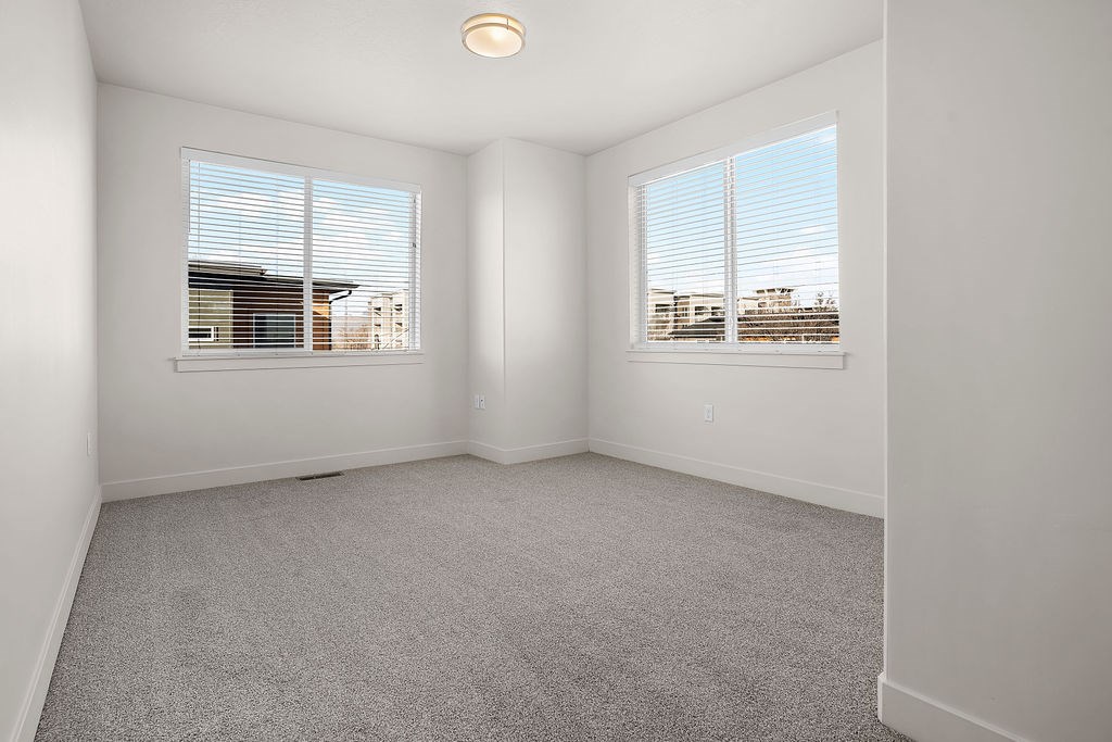 A room with carpeted floor and two windows.
