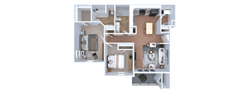A 3D floor plan of a house with a kitchen, living room, dining room, and bedrooms.