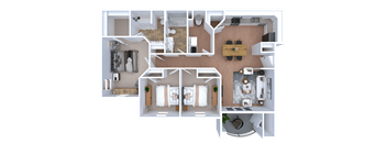 A 3D floor plan of a house with two bedrooms, a living room, a kitchen, and a bathroom.