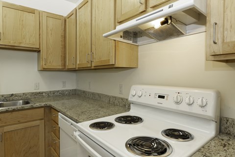 a kitchen with a stove and a sink and wooden cabinets