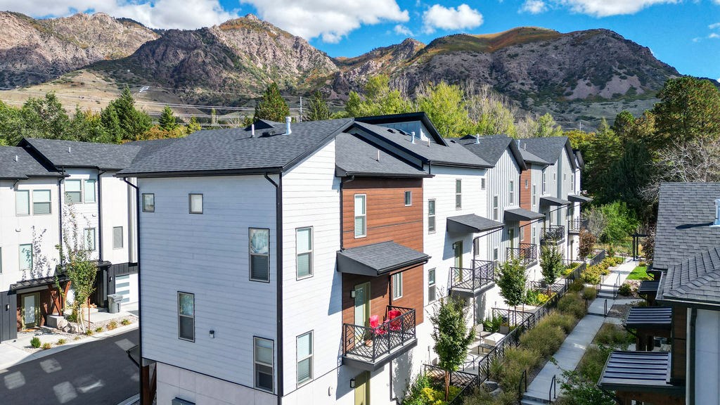 a row of houses with mountains in the background