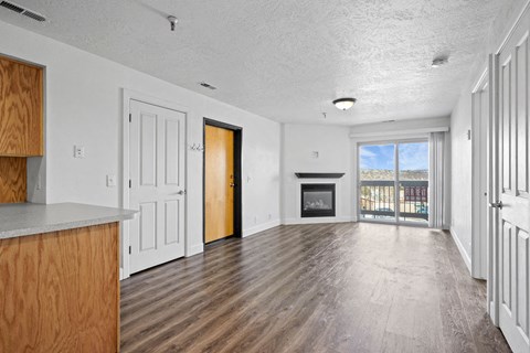 A spacious living room with a fireplace and sliding glass doors.