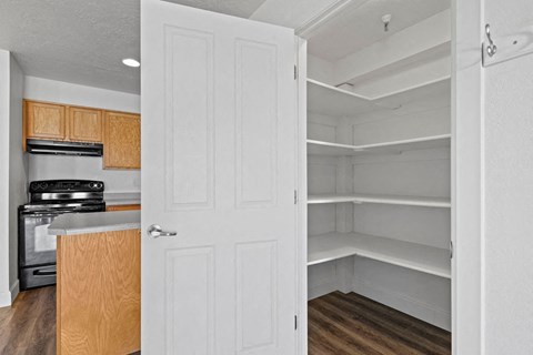 A kitchen with a white door and a white interior.
