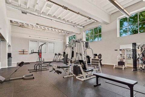 the gym has plenty of exercise equipment and windows