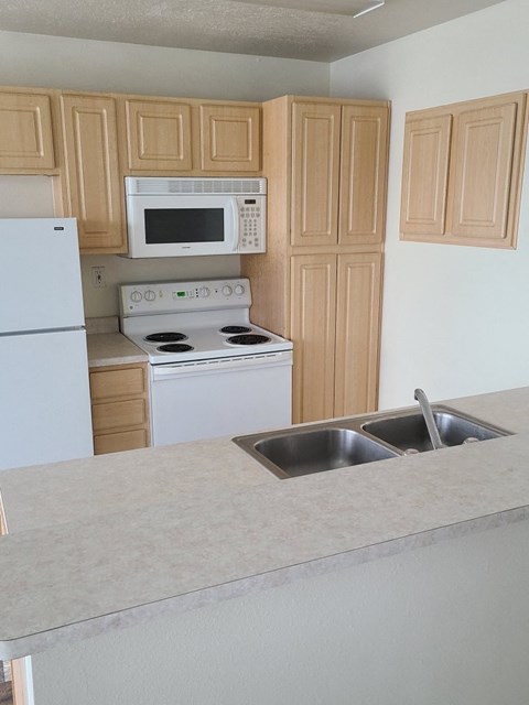 a kitchen with a sink and a stove and a microwave