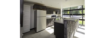 A modern kitchen with a large island and a view of the street outside.