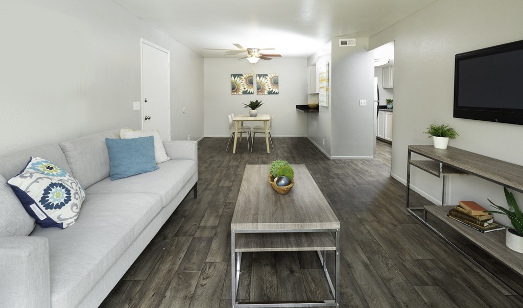 a living room with a couch and a coffee table