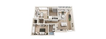 A top-down view of a modern apartment layout with a kitchen, living room, and bedroom.