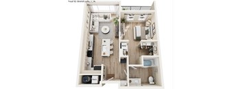 A top-down view of a well-organized, modern apartment layout.