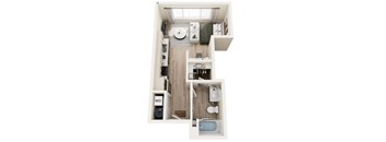 A top-down view of a small, neatly organized apartment with a kitchen, living room, and bathroom.