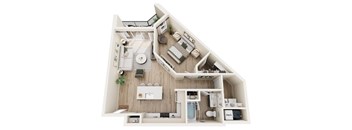 A detailed 3D floor plan of a small apartment with a kitchen, living room, and bathroom.