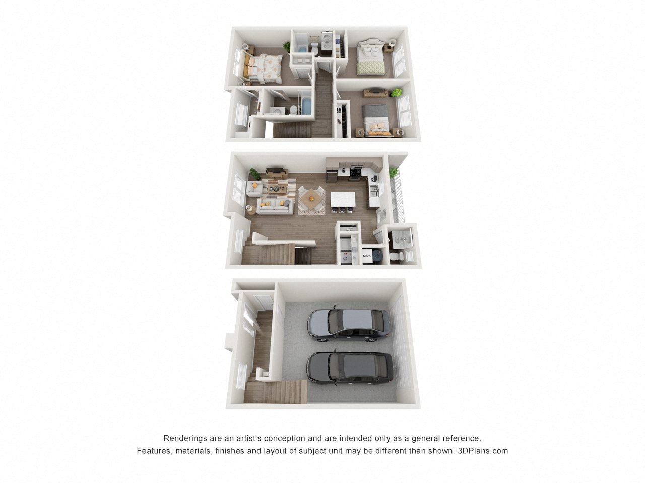 a stylized floor plan of a 3 bedroom apartment