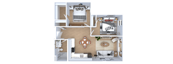 A top-down view of a small apartment layout with a kitchen, living room, and bedroom.
