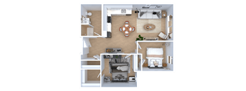 A top-down view of a small apartment with a kitchen, living room, and bedroom.