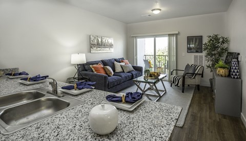 A modern kitchen with a grey granite countertop and a grey and white rug.