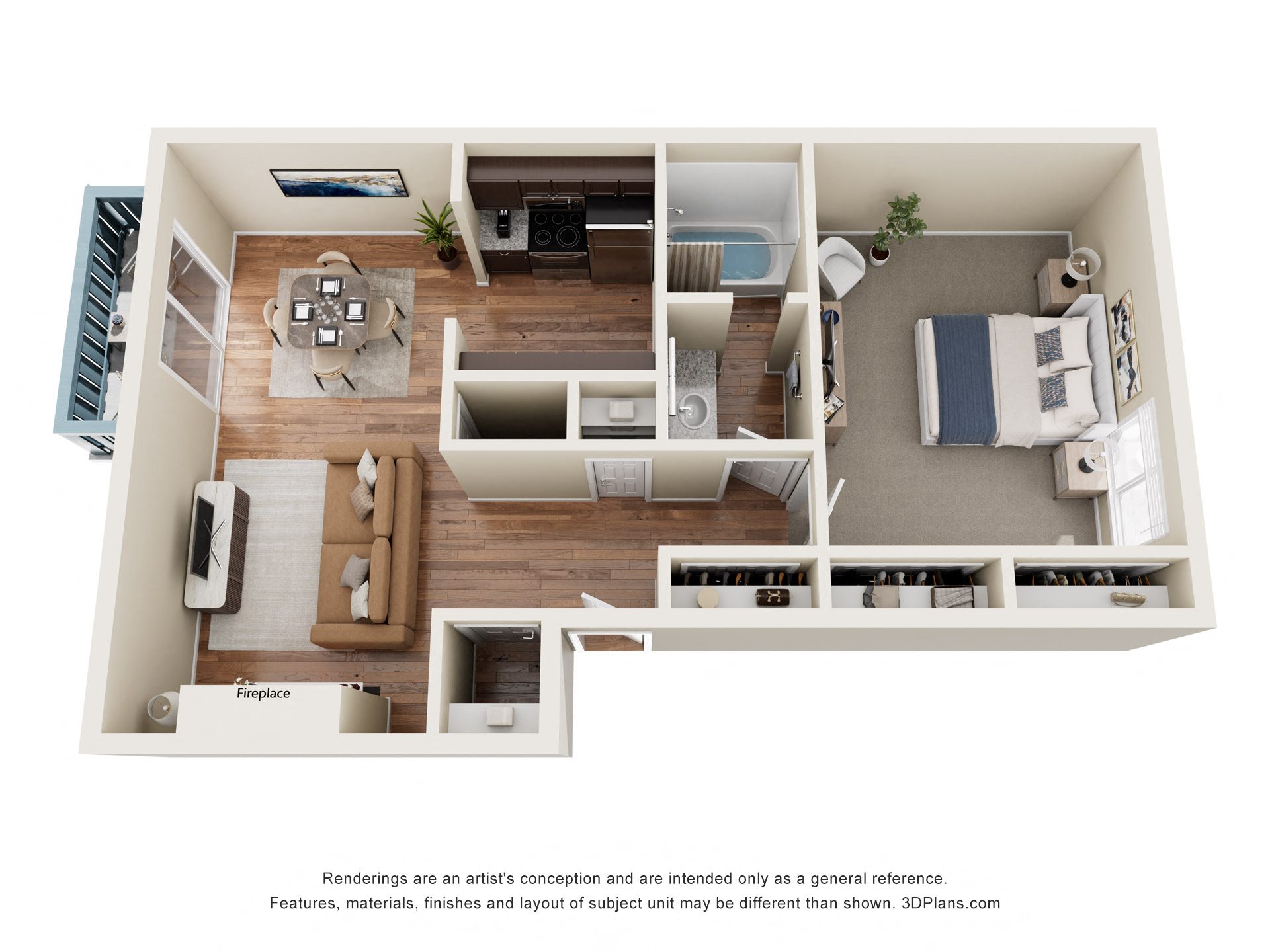 A 3D floor plan of a house with a living room, kitchen, and bedrooms.