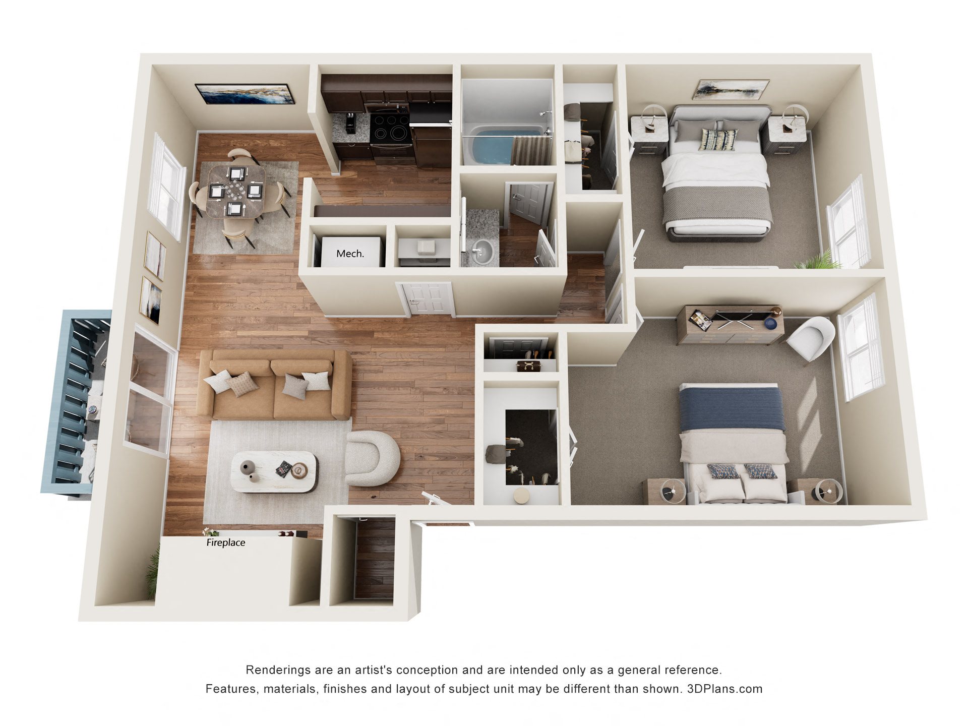 A 3D floor plan of a house with a kitchen, living room, and bedrooms.