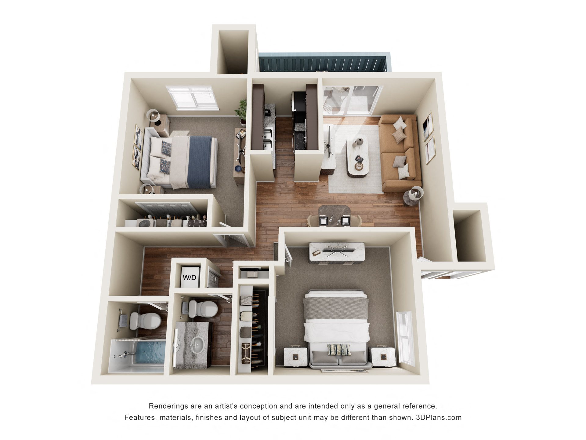 A 3D floor plan of a house with a kitchen, living room, and two bedrooms.