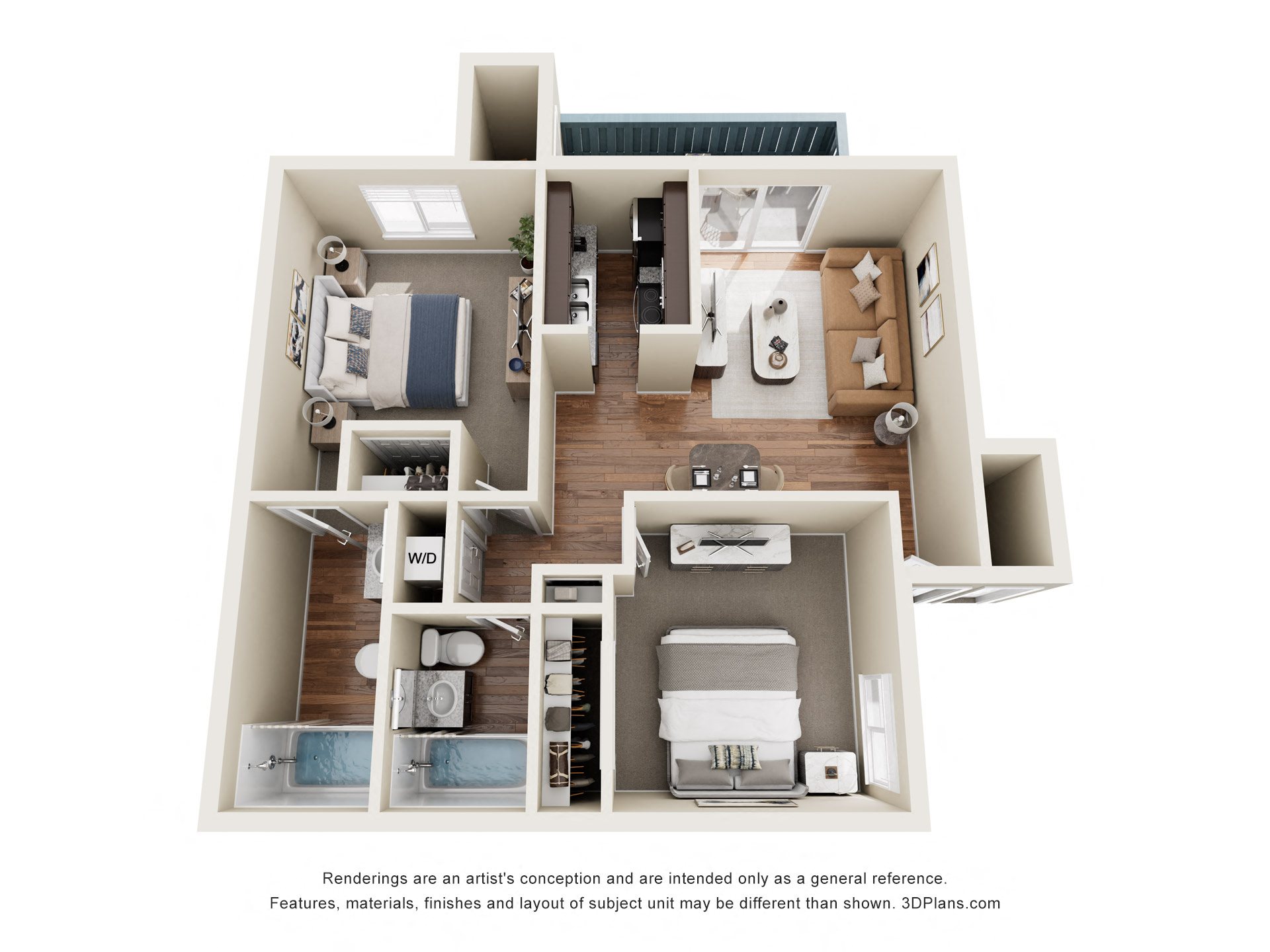 A 3D floor plan of a house with a kitchen, living room, and two bedrooms.