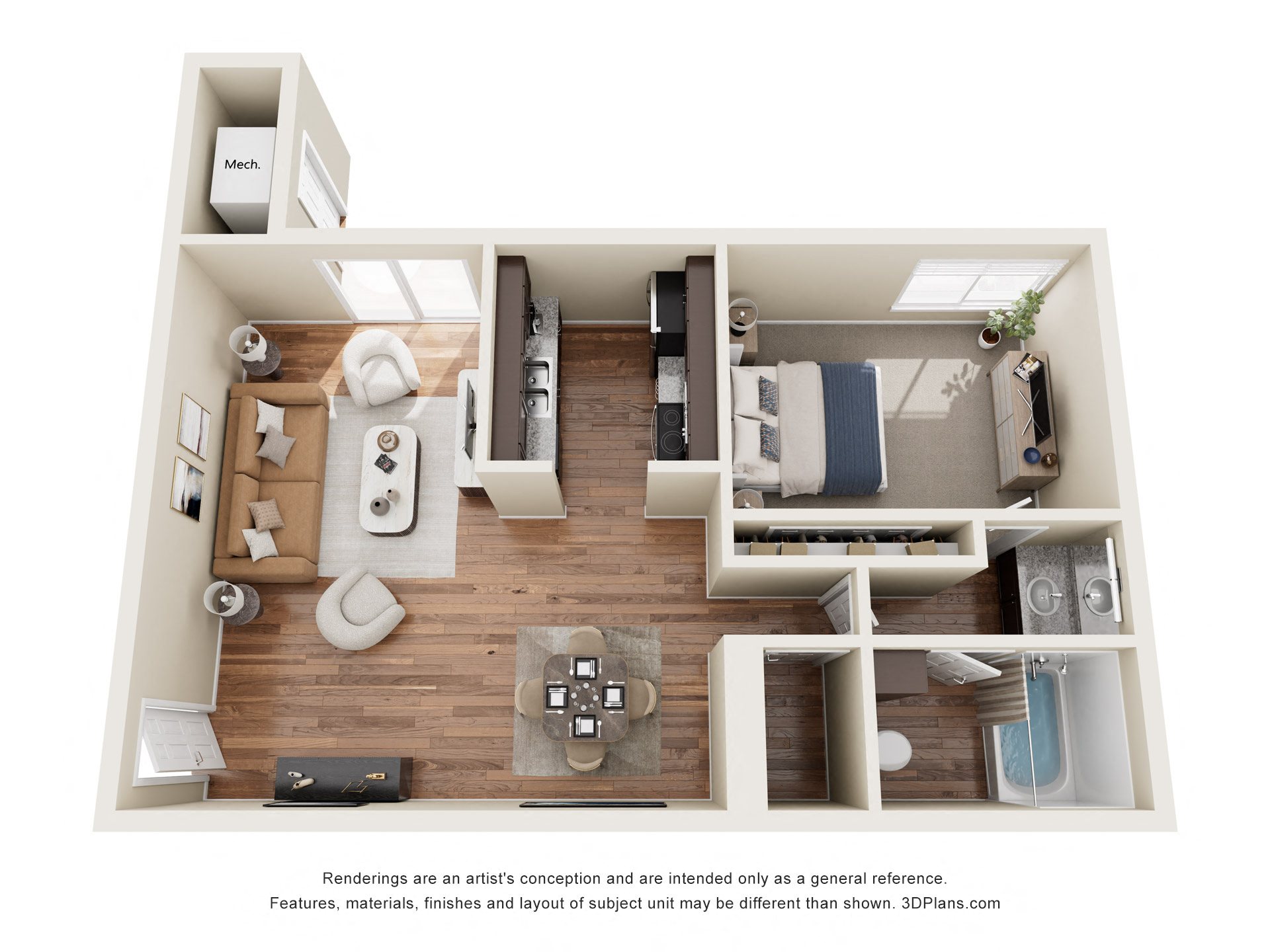A 3D floor plan of a small apartment with a kitchen, living room, and bedroom.