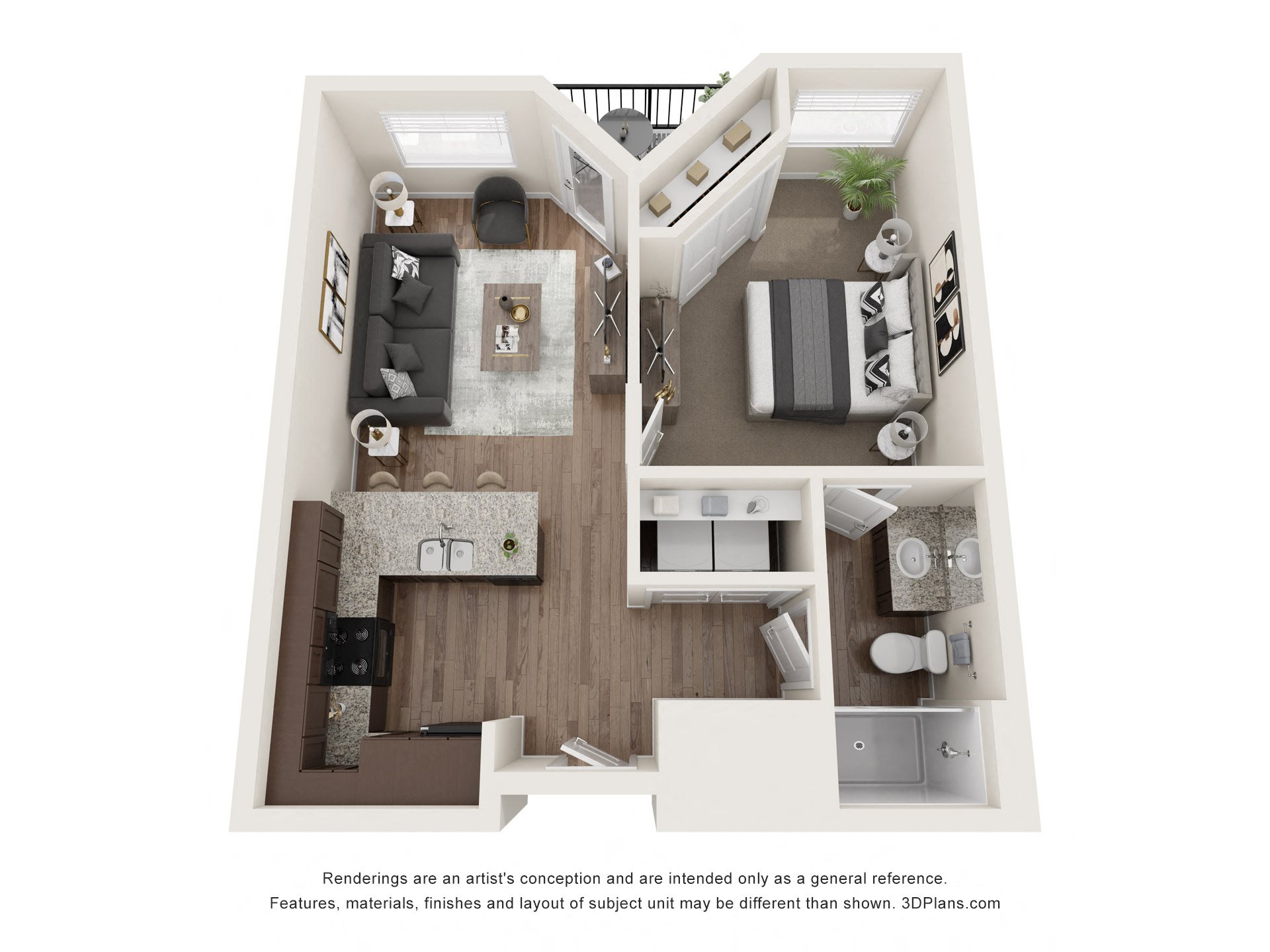 a stylized floor plan of a 1 bedroom with a bathroom