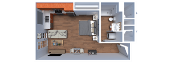 a birds eye view of a room with a bedroom and a living room