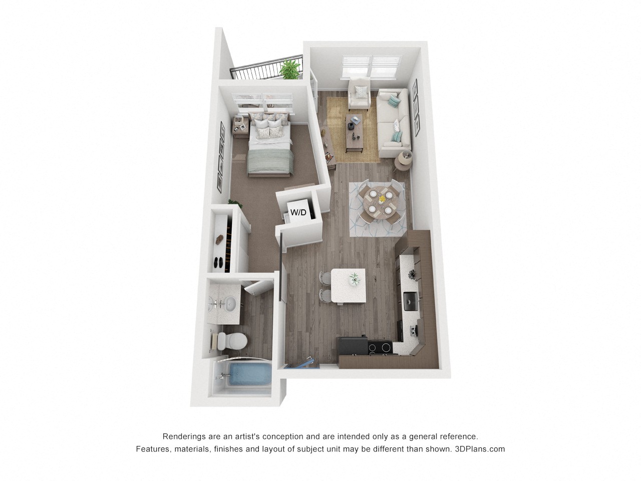 a 3d floor plan of a 1 bedroom apartment