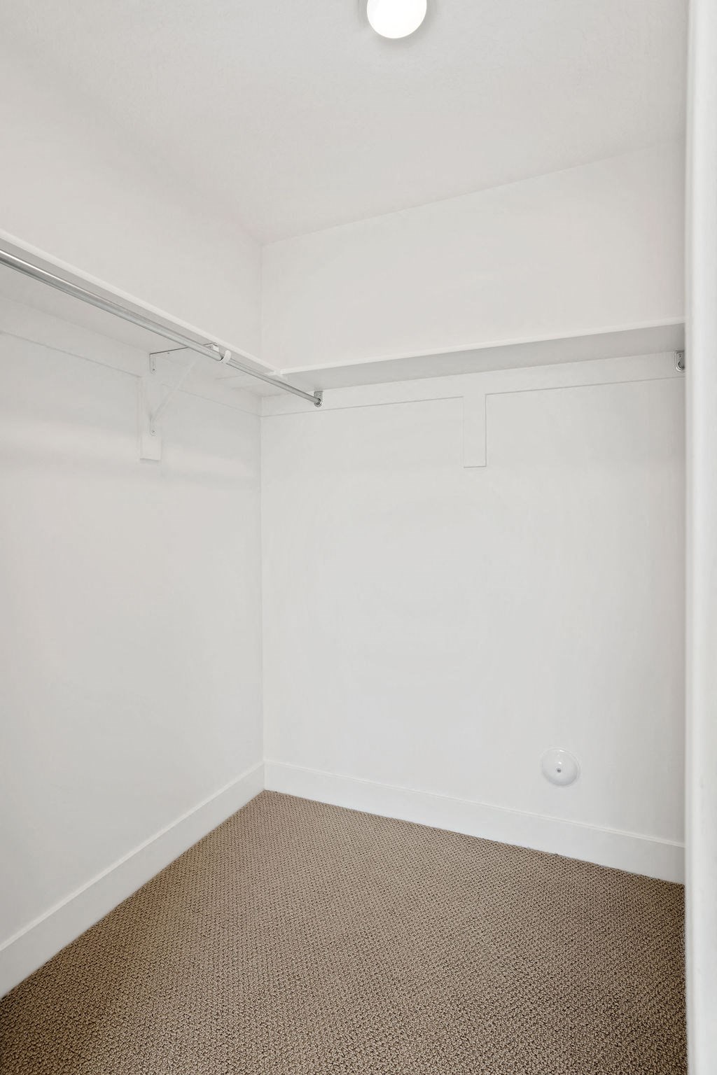 an empty room with a white wall and a carpet
