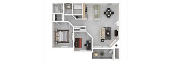 A floor plan of a small apartment with a kitchen, living room, and bedroom.