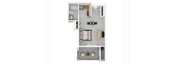 A top down view of a small apartment with a kitchen, living room, and bathroom.