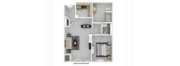A floor plan of a small apartment with a kitchen, living room, and bathroom.