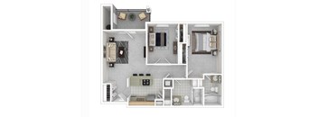 A floor plan of a small apartment with a kitchen, living room, and bathroom.