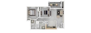 A floor plan of a house with a kitchen, living room, and bathroom.