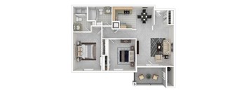 A floor plan of a house with a kitchen, living room, and bathroom.