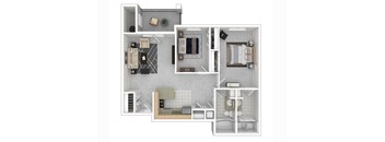 A floor plan of a small apartment with a kitchen, living room, and bathroom.