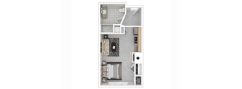 A floor plan of a small apartment with a kitchen, living room, and bathroom.