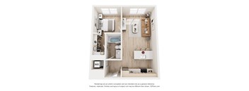 A 3D floor plan of a small apartment with a kitchen, bathroom, and bedroom.