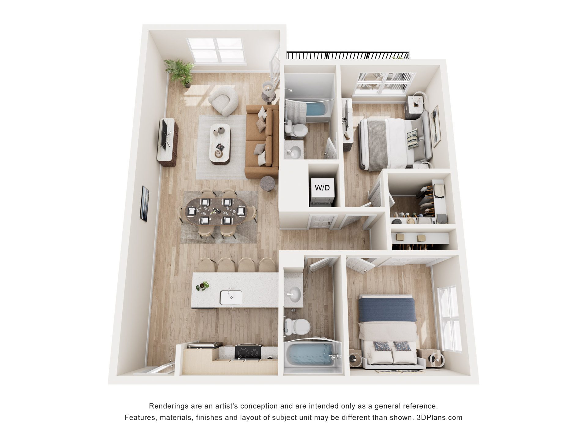A 3D floor plan of a small apartment with a kitchen, living room, and bathroom.
